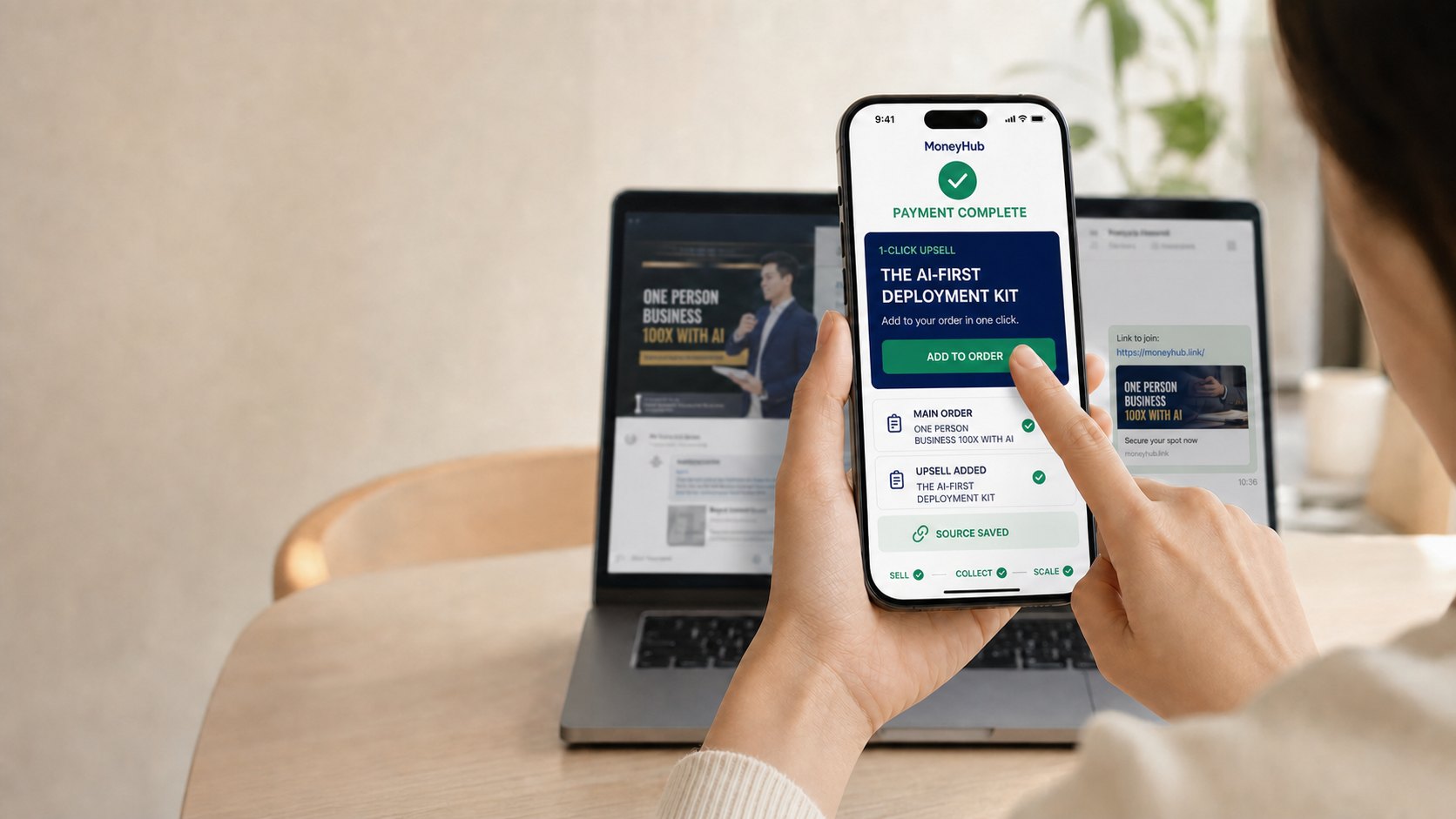 ลูกค้ากดชำระเงินสำเร็จบน MoneyHub พร้อมอัปเซลส์ในคลิกเดียว